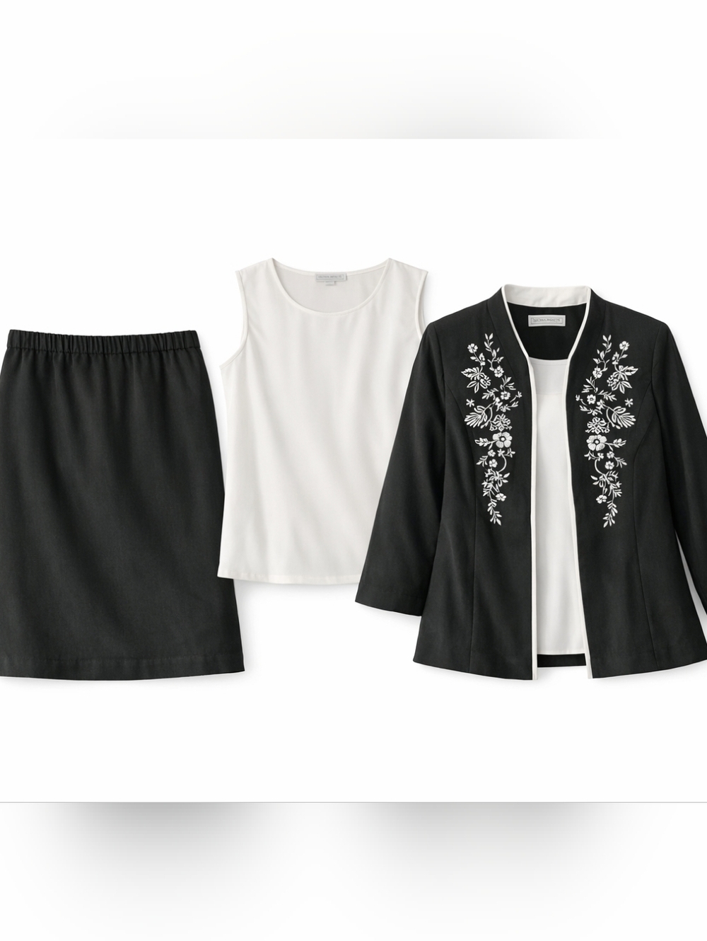 Jessica Howard Black Blazer and Skirt Set with White Floral Embroidery